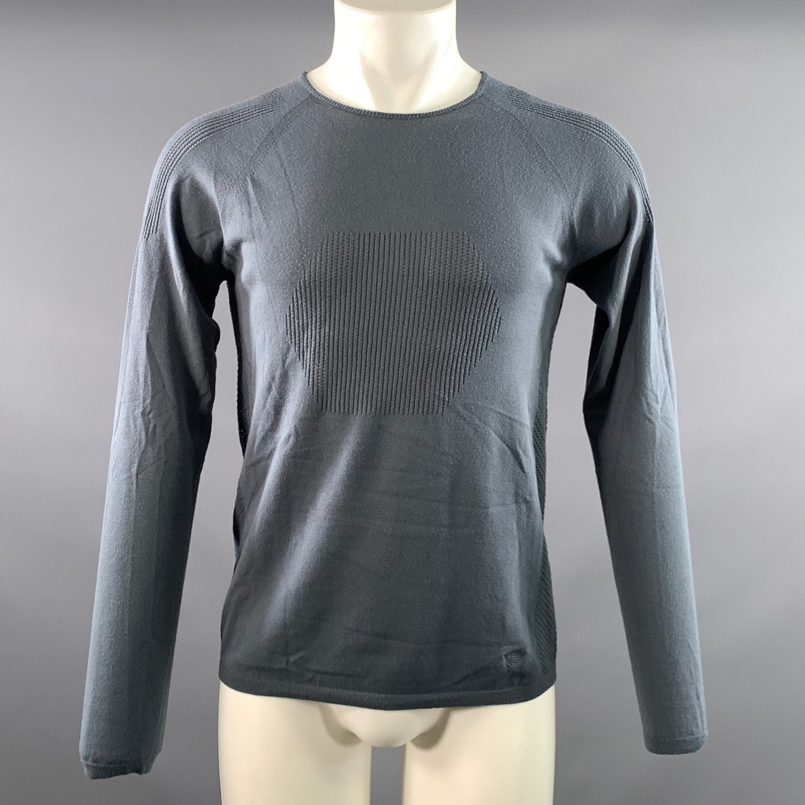 Emporio Armani Size M Blue Slate Perforated Polyester Viscose Ribbed Pullover